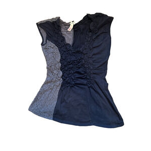 Downeast Asymmetric Y2K Top Medium Coquette Navy Blue Ruffle Lace Romantic Shirt